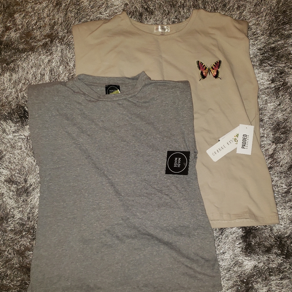 Two Padded shoulder tshirt gray size med tan L sol